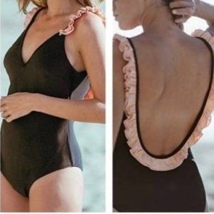 NWT-  Black and Pink Ruffle one piece bathing suit - Sz Med